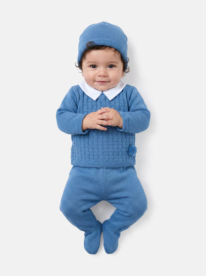 Baby Boy Traditional Pom Pom 3-piece Knitted Gift Box Set - Blue