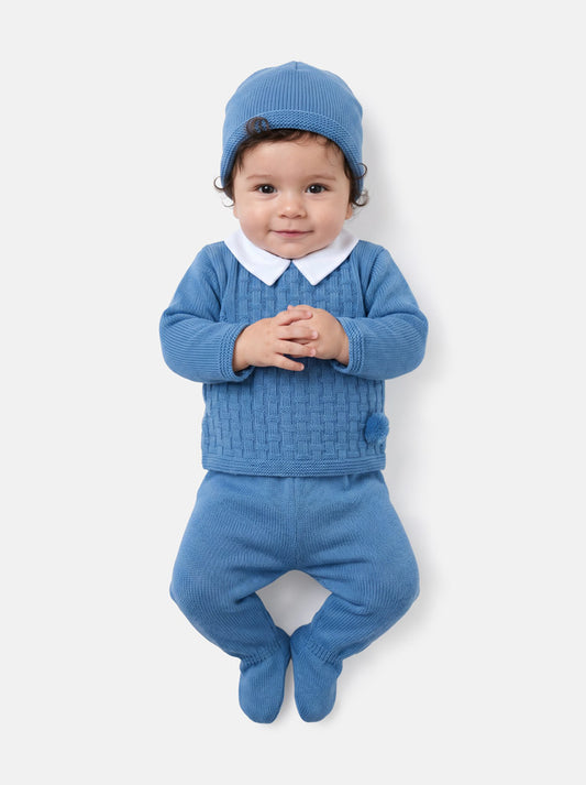 Baby Boy Traditional Pom Pom 3-piece Knitted Gift Box Set - Blue