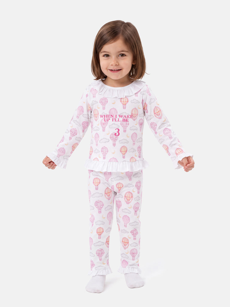 "When I Wake Up" Embroidered Girl 2-Piece Pyjama Set - Hot Air Balloon Collection - Baby Pink