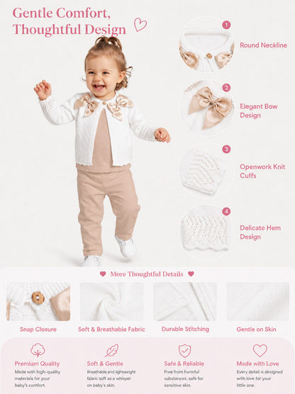 Baby Girl Cardigan with 2 Big Bows - White & Beige