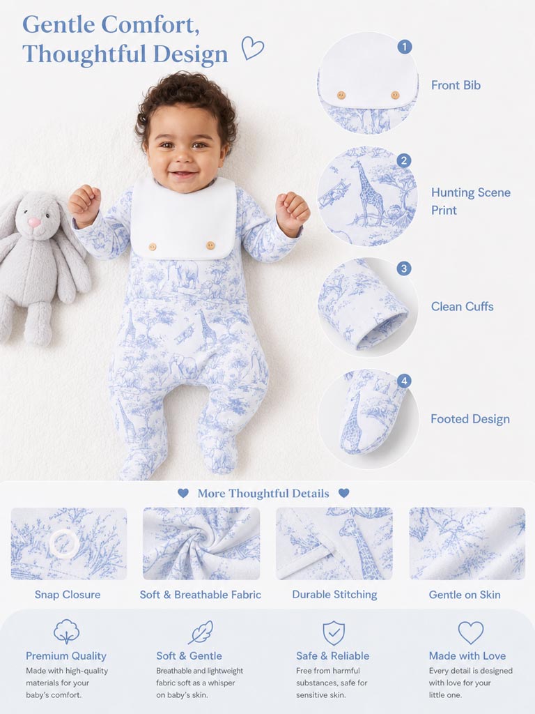 Baby Grow with Attached Small Bib - Safari Collection - Baby Blue