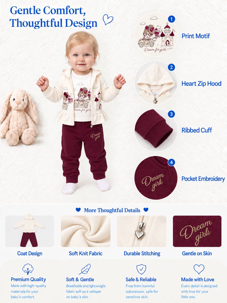 Baby Girl Luce Collection 3-Piece Hooded Tracksuit Set with Castle Design - Cherry Red