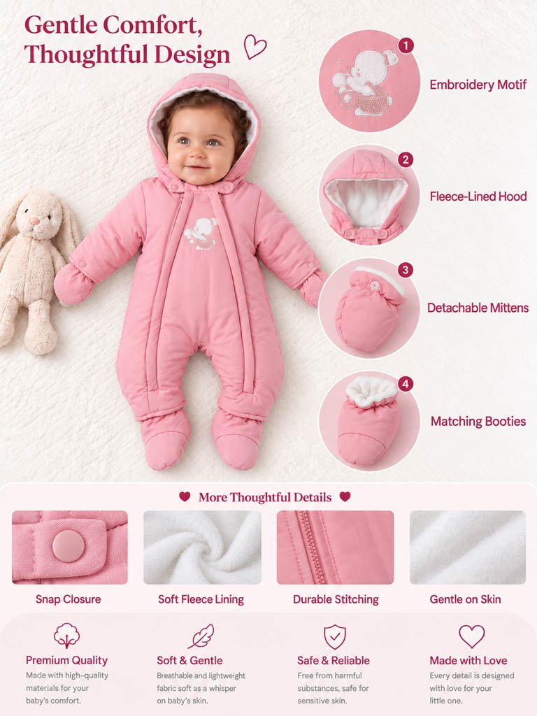 Baby 3-piece Snowsuit Set with Double Zipper - Dusty Pink