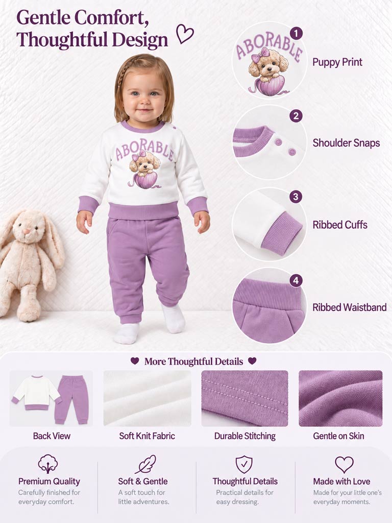 Baby Girl Chiara Collection 2-Piece Tracksuit Set with Adorable Dog Design - Lilac