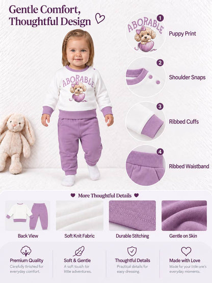 Baby Girl Chiara Collection 2-Piece Tracksuit Set with Adorable Dog Design - Lilac