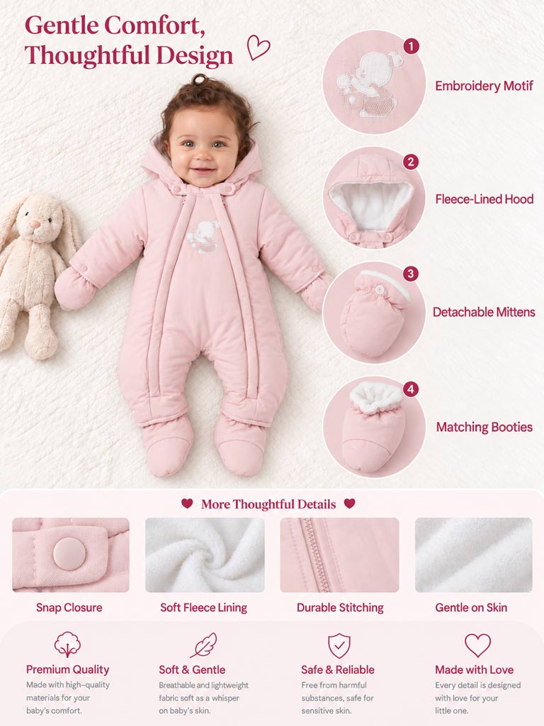 Baby 3-piece Snowsuit Set with Double Zipper - Baby Pink
