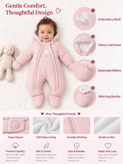 Baby 3-piece Snowsuit Set with Double Zipper - Baby Pink