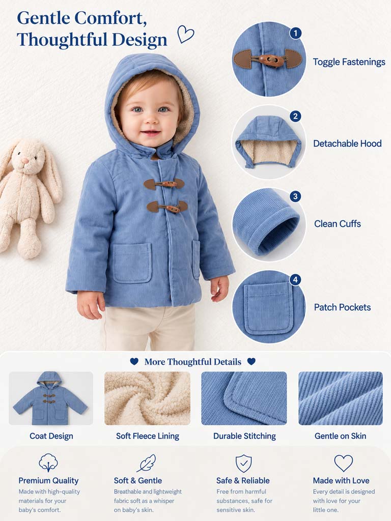 Baby Boy Duffle Coat with Detachable Hood - Blue