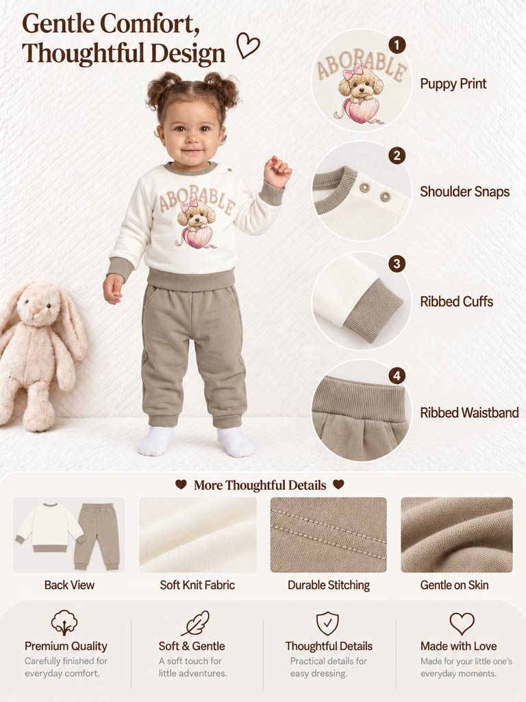 Baby Girl Chiara Collection 2-Piece Tracksuit Set with Adorable Dog Design - Beige
