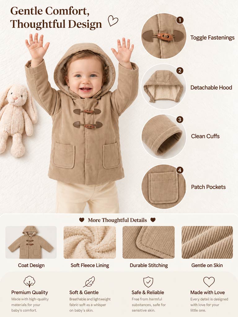 Baby Boy Duffle Coat with Detachable Hood - Beige