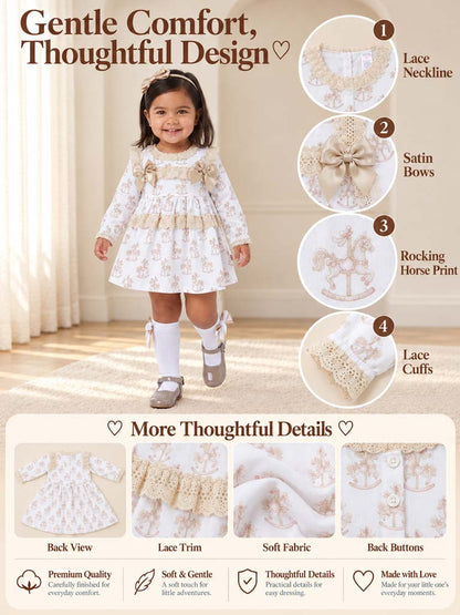 Baby Girl Dress with Bows & Lace - Rocking Horse Collection - Beige