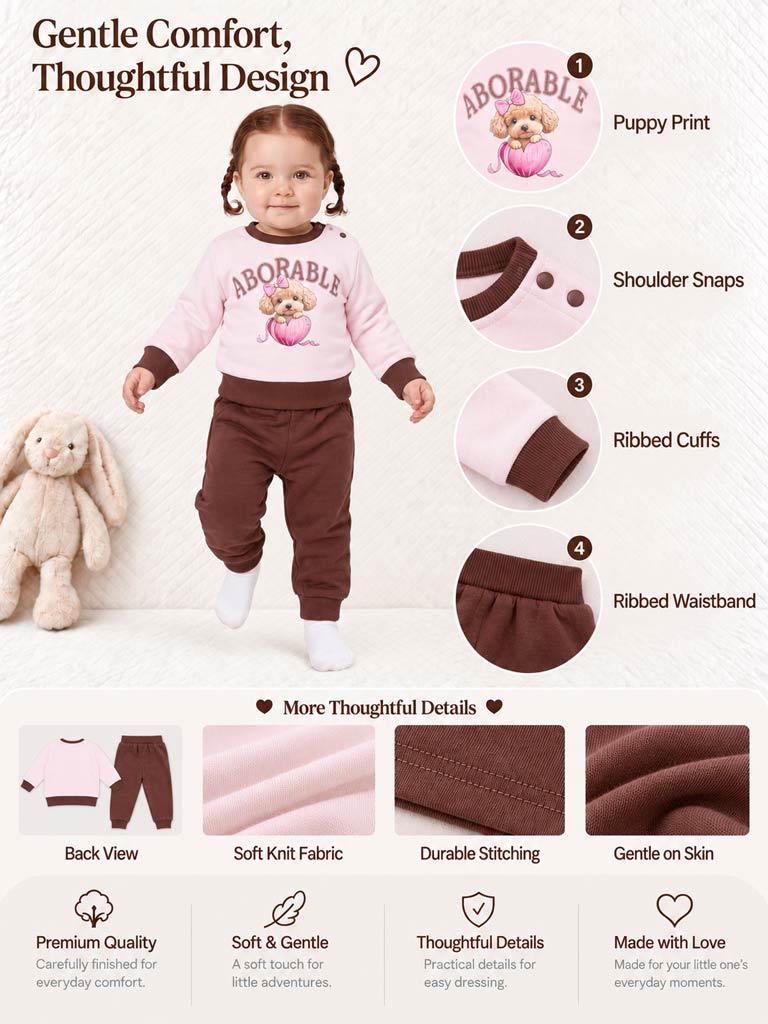 Baby Girl Chiara Collection 2-Piece Tracksuit Set with Adorable Dog Design - Chocolate Brown