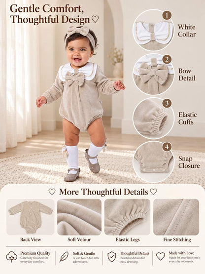 Baby Girl Rosamaria Collection Velour Romper with White Collar - Beige