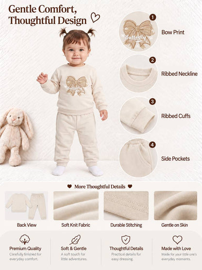 Baby Girl Viola Collection 2-Piece Tracksuit Set with Bow Design - Beige