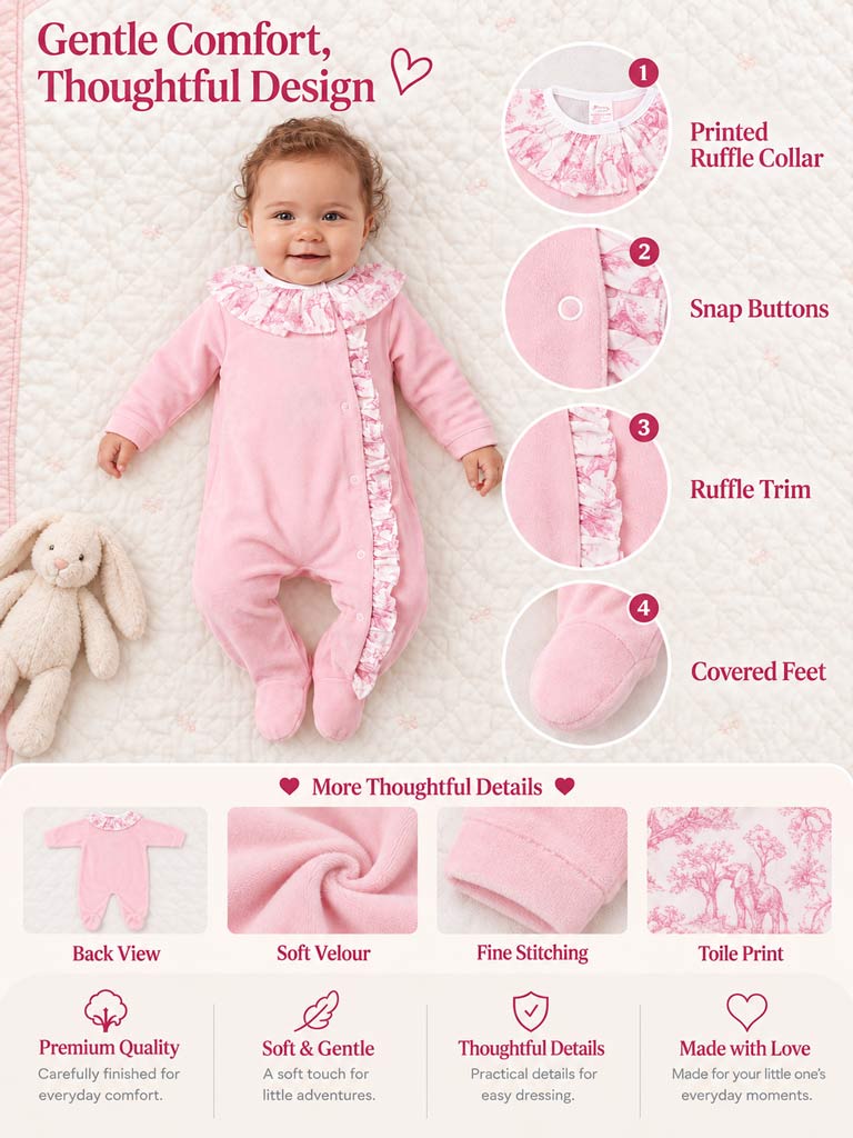 Velour Baby Grow for Girls with Printed Ruffle Details - Safari Collection - Rose Pink