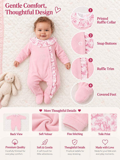 Velour Baby Grow for Girls with Printed Ruffle Details - Safari Collection - Rose Pink
