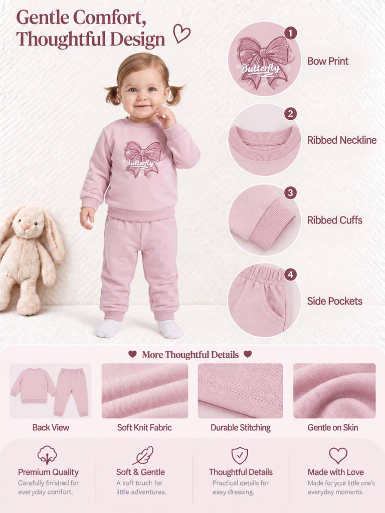 Baby Girl Viola Collection 2-Piece Tracksuit Set with Bow Design - Pink