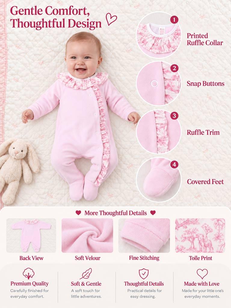Velour Baby Grow for Girls with Printed Ruffle Details - Safari Collection - Baby Pink