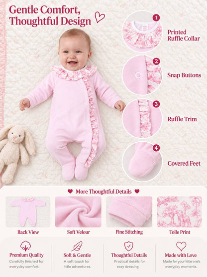Velour Baby Grow for Girls with Printed Ruffle Details - Safari Collection - Baby Pink