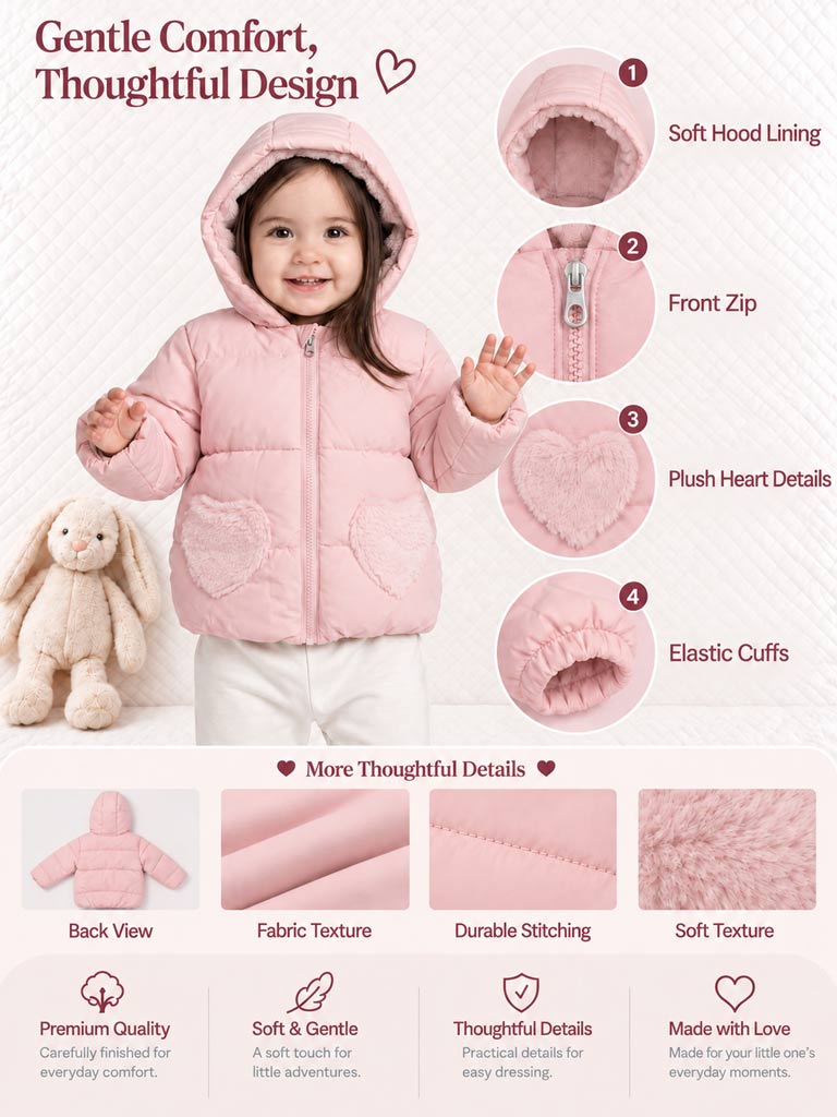 Baby Girl Padded Hooded Coat with Furry Heart Pockets - Baby Pink