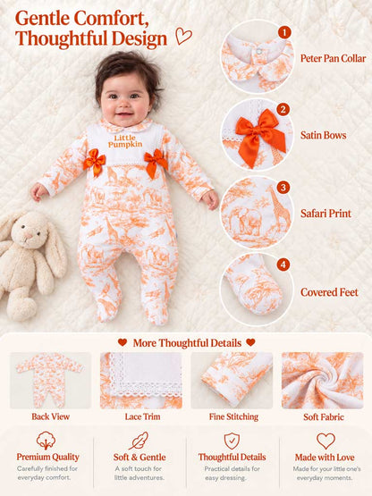 "Little Pumpkin" Embroidered Baby Grow with Satin Bows - Safari Collection - Orange