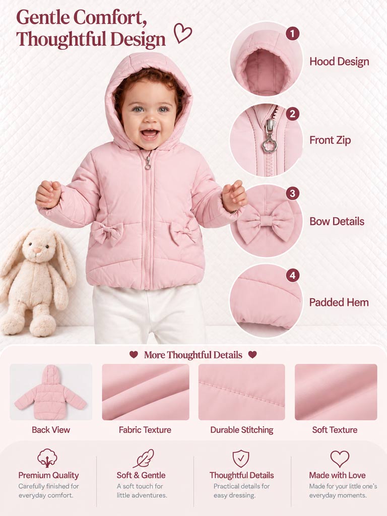 Baby Girl Padded Hooded Coat with 2 Bows - Baby Pink