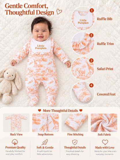 "Little Pumpkin" Embroidered Baby Grow with Frilled Bib - Safari Collection - Orange
