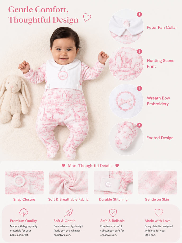 Baby Grow with Embroidered Wreath Safari Collection - Baby Pink