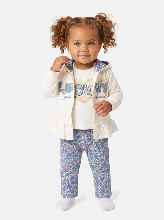 Baby Girl Fiorenza Collection 3-Piece Hooded Tracksuit Set with Floral Design - Blue