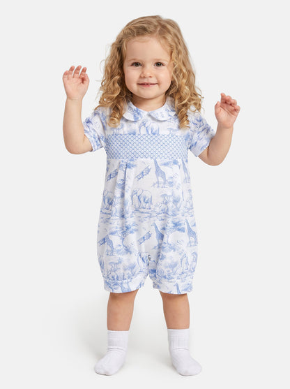 Baby Smocked Summer Romper Safari Collection - Baby Blue