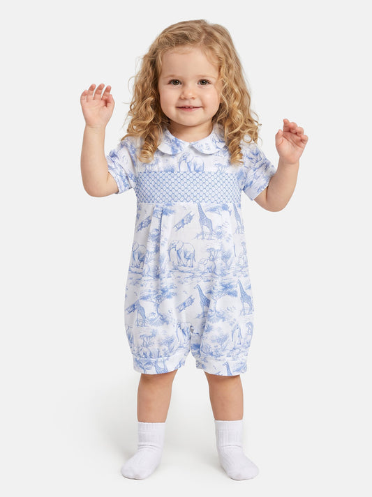 Baby Smocked Summer Romper Safari Collection - Baby Blue