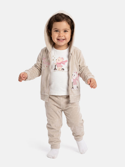 Baby Girl Noemi Collection 3-Piece Tracksuit Set with Scooter Rider - Cream