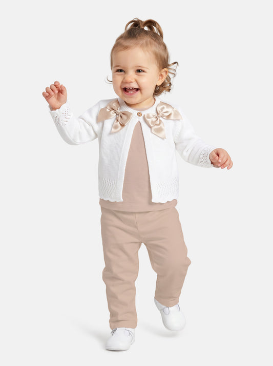 Baby Girl Cardigan with 2 Big Bows - White & Beige
