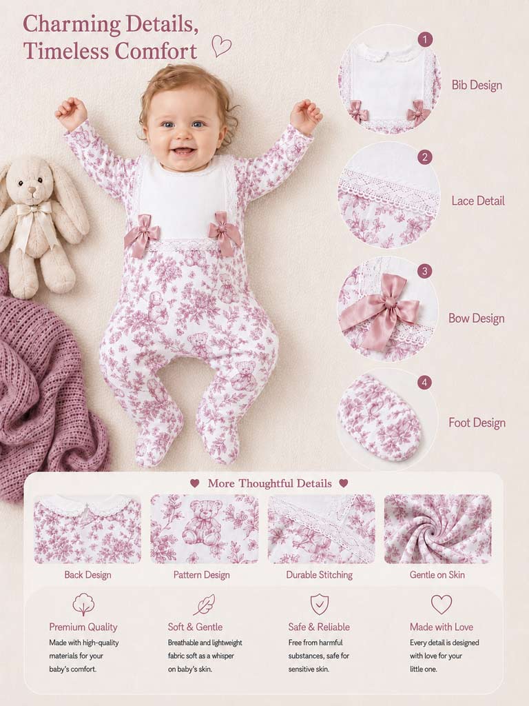 Baby Grow for Girls with Satin Bows & Lace - Teddy Collection - Cherry Red