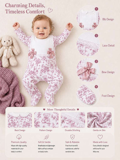 Baby Grow for Girls with Satin Bows & Lace - Teddy Collection - Cherry Red