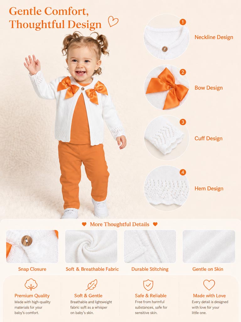 Baby Girl Cardigan with 2 Big Bows - White & Orange