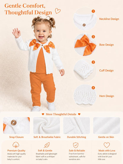 Baby Girl Cardigan with 2 Big Bows - White & Orange