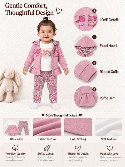 Baby Girl Fiorenza Collection 3-Piece Hooded Tracksuit Set with Floral Design - Pink