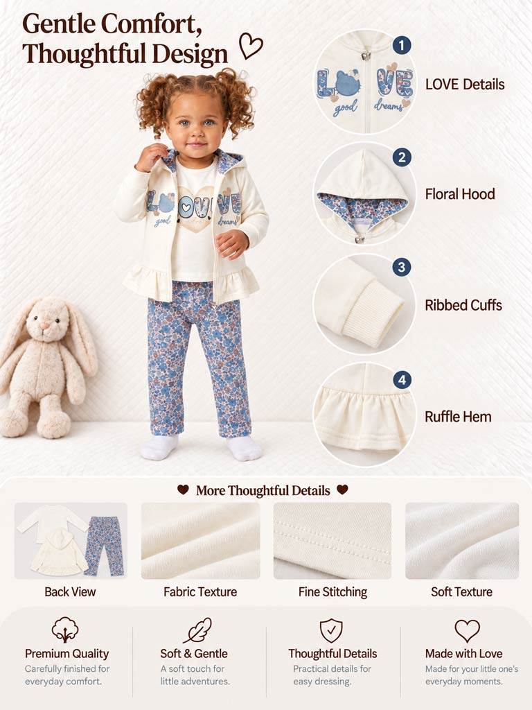 Baby Girl Fiorenza Collection 3-Piece Hooded Tracksuit Set with Floral Design - Blue