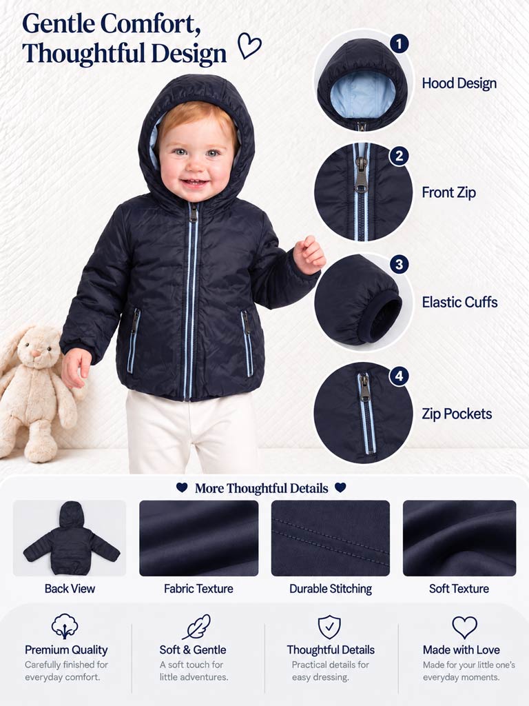 Baby Boy Hooded Coat with Inside Pockets - Navy Blue