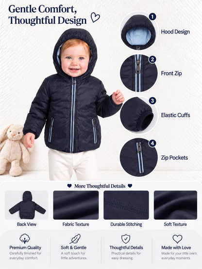 Baby Boy Hooded Coat with Inside Pockets - Navy Blue
