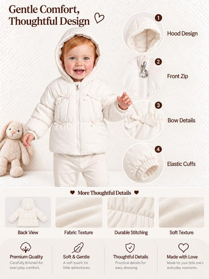 Baby Girl Padded Hooded Coat with 4 Little Bows - White