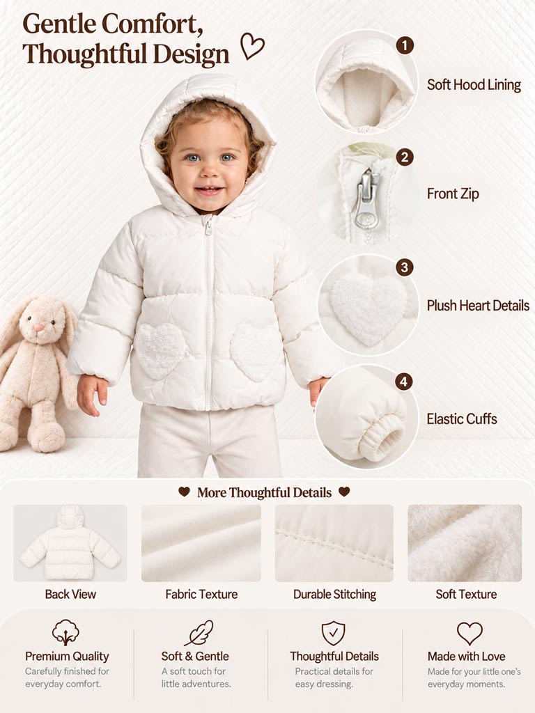 Baby Girl Padded Hooded Coat with Furry Heart Pockets - White