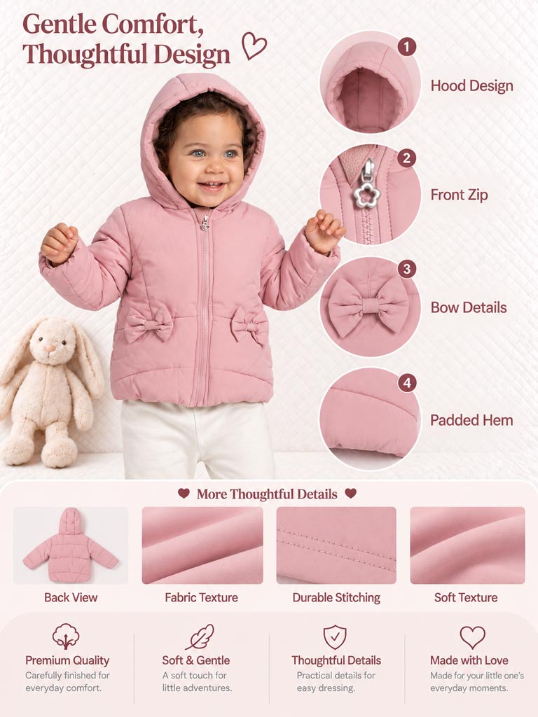 Baby Girl Padded Hooded Coat with 2 Bows - Light Dusty Pink