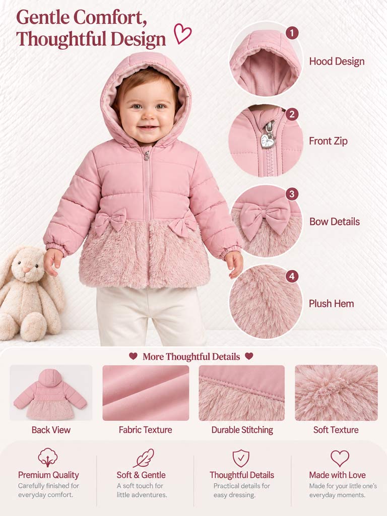 Baby Girl Silvery Hooded Coat with Fur & Bows - Light Dusty Pink
