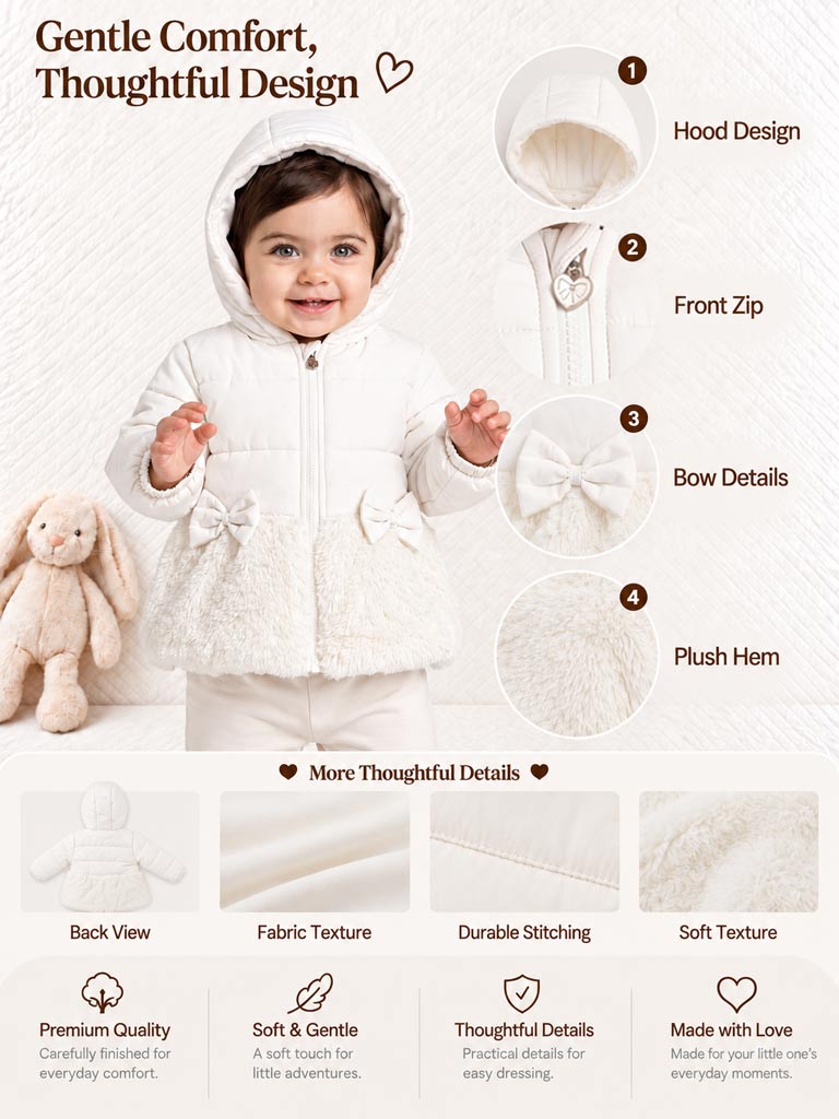 Baby Girl Silvery Hooded Coat with Fur & Bows - White