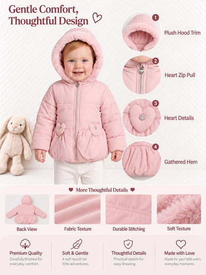 Baby Girl Padded Hooded Coat with Hearts Applique - Baby Pink
