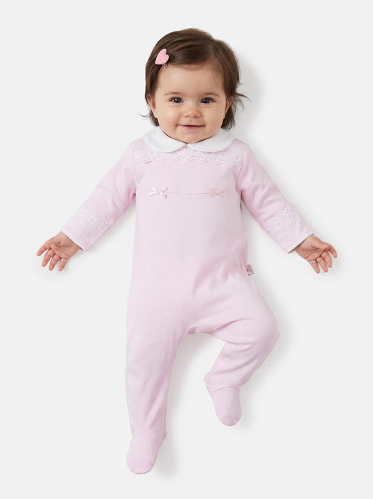 Baby Grow for Girls Eyelet Lace & Peter Pan Collar - Baby Pink