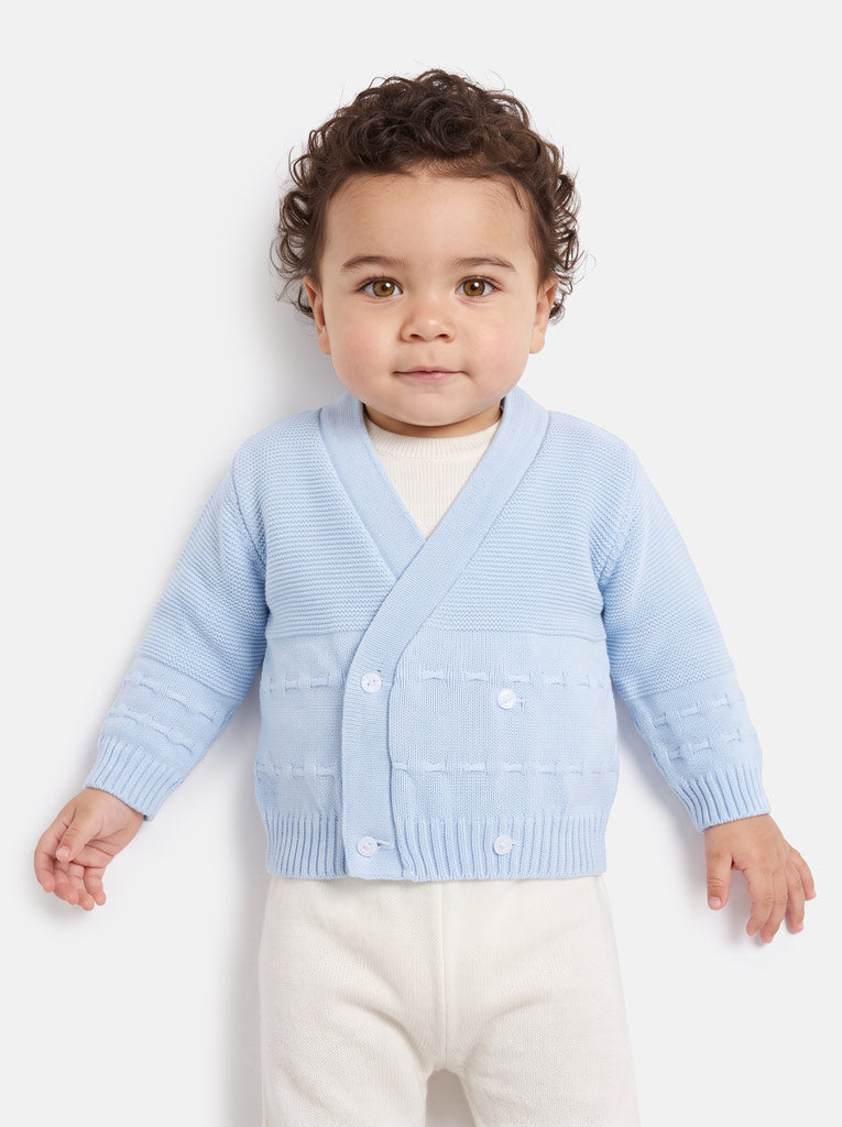 Baby Knitted Cardigan with Raised Stitch Detail & Gift Box - Baby Blue