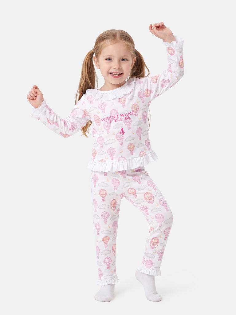 "When I Wake Up" Embroidered Girl 2-Piece Pyjama Set - Hot Air Balloon Collection - Baby Pink